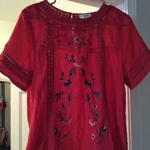 Red floral embroidered top